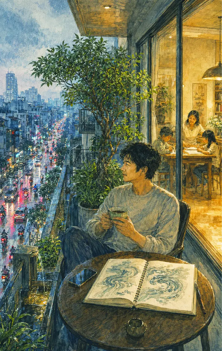 Minh thư thái bên ban công, gia đình quây quần phía sau