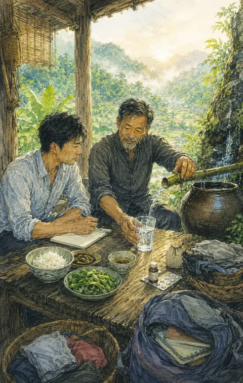 Chú Sơn rót đầy ly nước