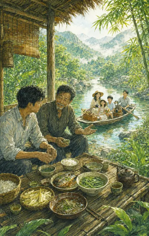 Gia đình đi đò trên suối