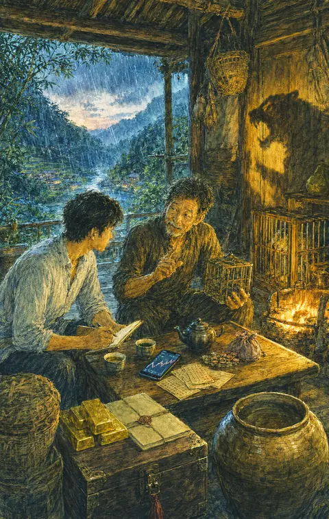 Bàn gỗ với thỏi vàng dưới ánh đèn tối